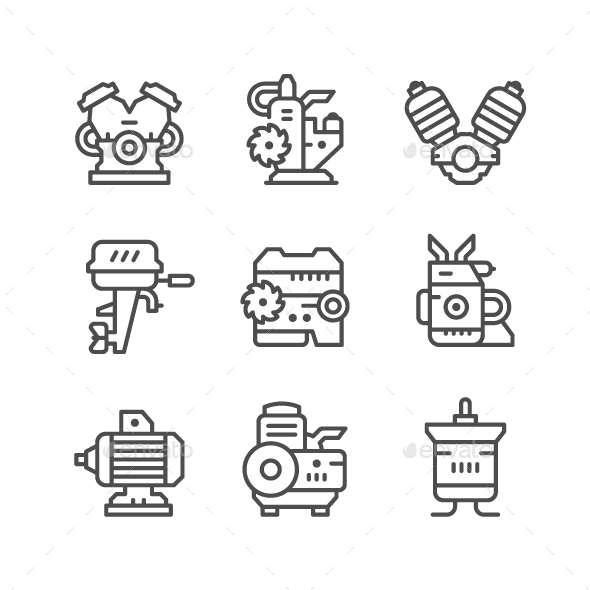 Set Line Icons of Motor and Engine - Man-made objects Objects