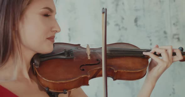 Close Admiring Female Musician Playing the Violin Emotionally at Camera alt