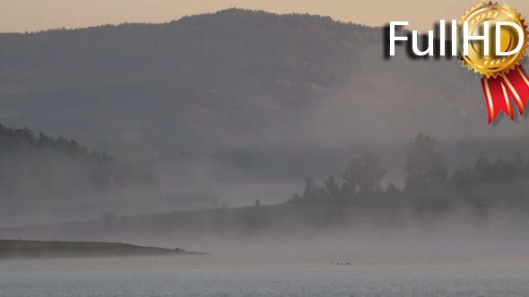 Fog Over the Lake Before Dawn. Slow Motion alt