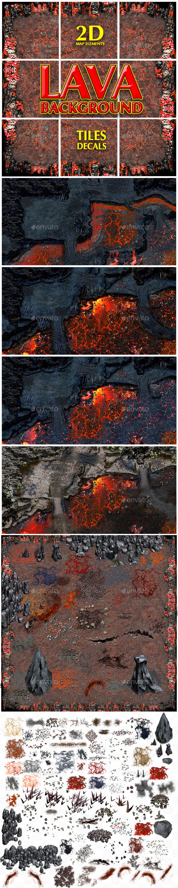 Lava Game Backgrounds Tiles and Decals - Tilesets Game Assets