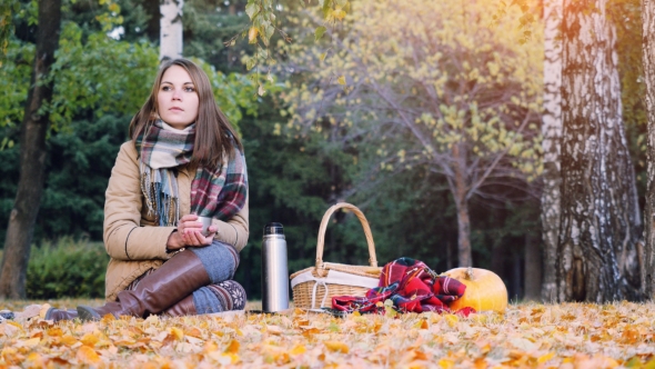 Young Woman Sitting On Picnic Drinking Hot Tea From a Thermos In Autumn Park. Girl Sitting On The