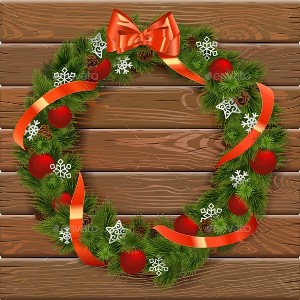 Christmas Wreath on Wooden Board 7 - Christmas Seasons/Holidays