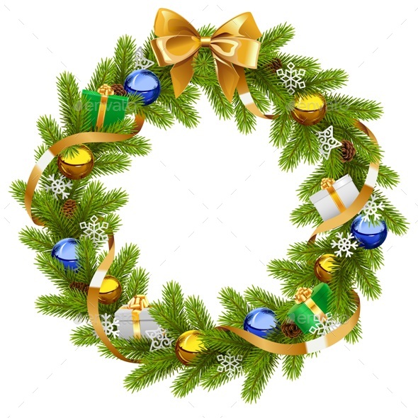 Vector Fir Wreath with Golden Ribbon - Christmas Seasons/Holidays