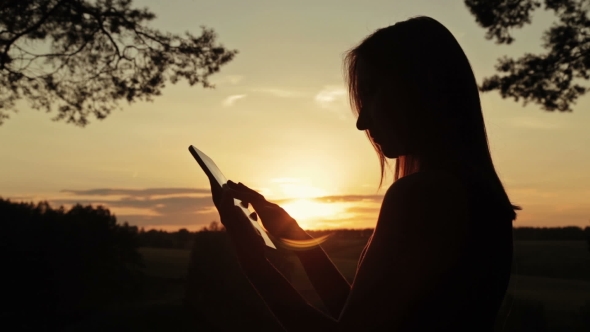 Female Silhouette Using a Digital Tablet In The Forest At Sunset