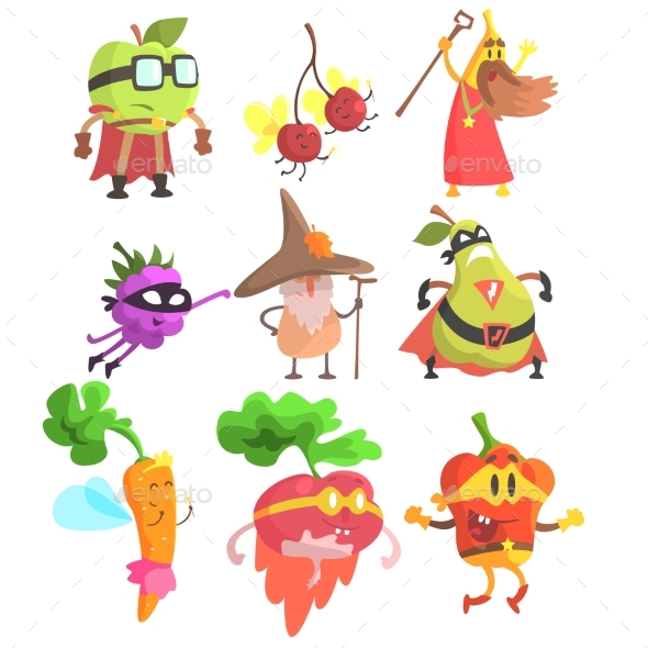 Silly Fantasy Fruit And Vegetable Characters Set - Food Objects