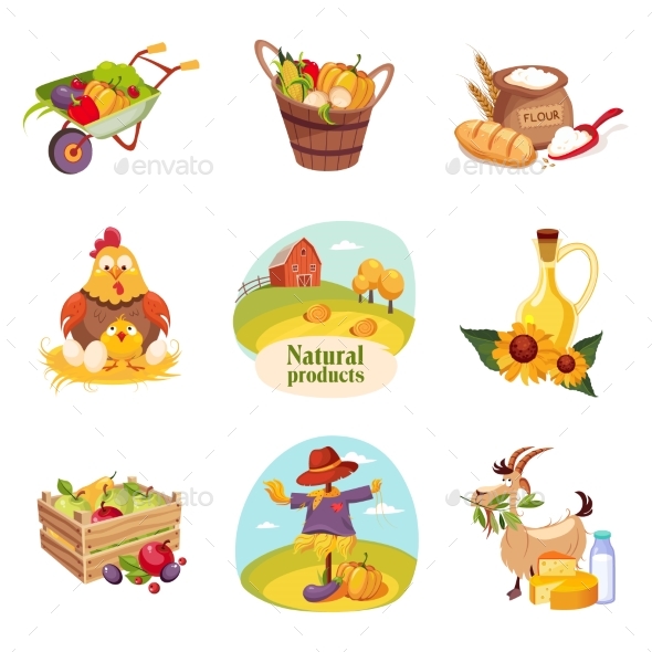 Farm Products and Animals Set of Bright Stickers - Miscellaneous Vectors