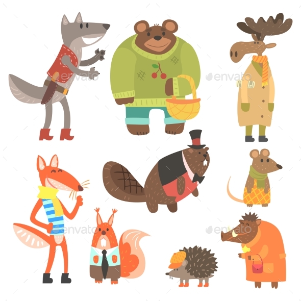 Forest Animals Dressed In Human Clothes Set - Animals Characters