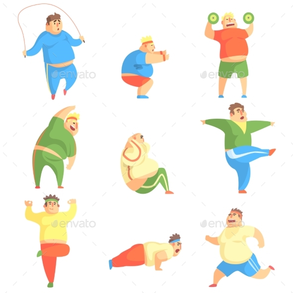 Chubby Man Character Doing Gym Workout Set - People Characters