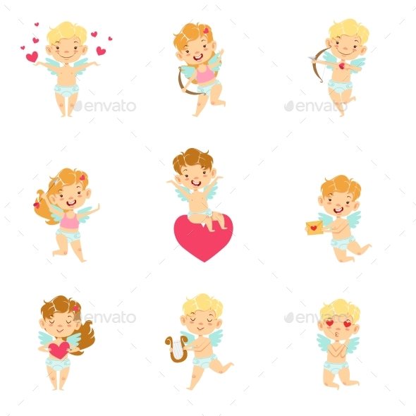 Baby Angels With Bows, Arrows And Hearts Set - Decorative Symbols Decorative