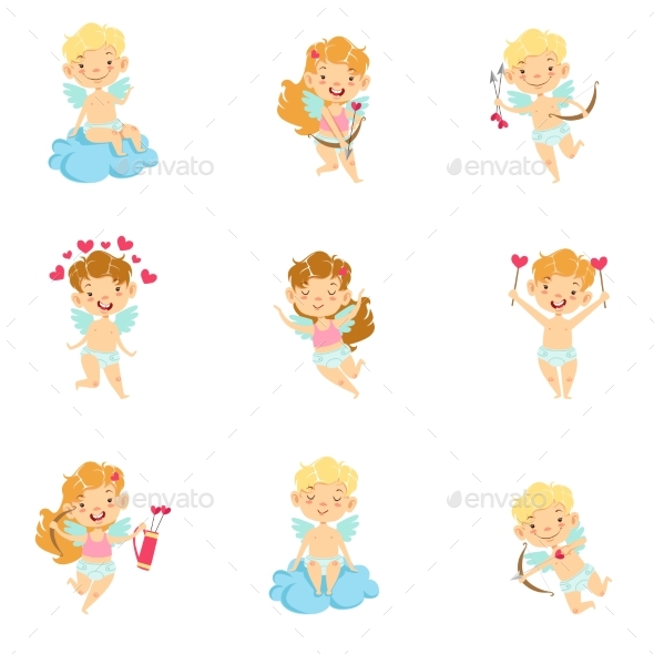 Baby Cupids with Bows, Arrows and Hearts Set - People Characters