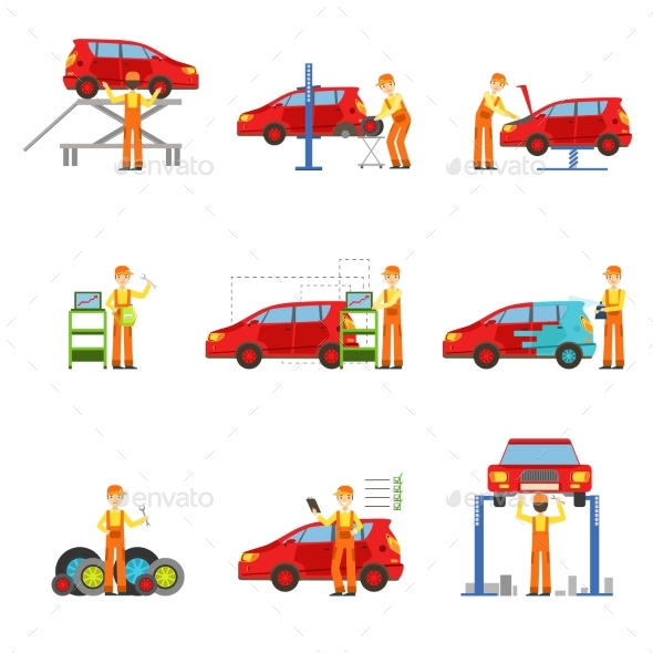 Car Repair Shop Services Set of Illustrations - Services Commercial / Shopping