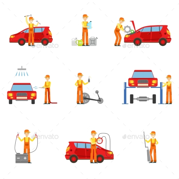 Car Repair Workshop Services Set of Illustrations - Services Commercial / Shopping