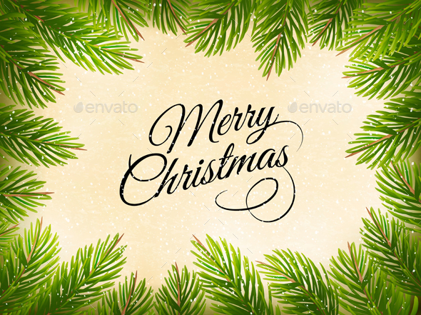 Christmas Retro Background with Tree Branches Vector - Christmas Seasons/Holidays