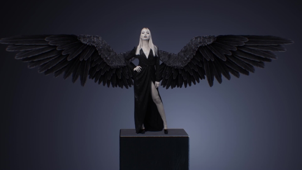 Blonde Girl In a Black Dress And With Wings