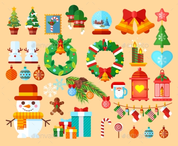 Set Christmas Accessories In a Flat Style - Christmas Seasons/Holidays