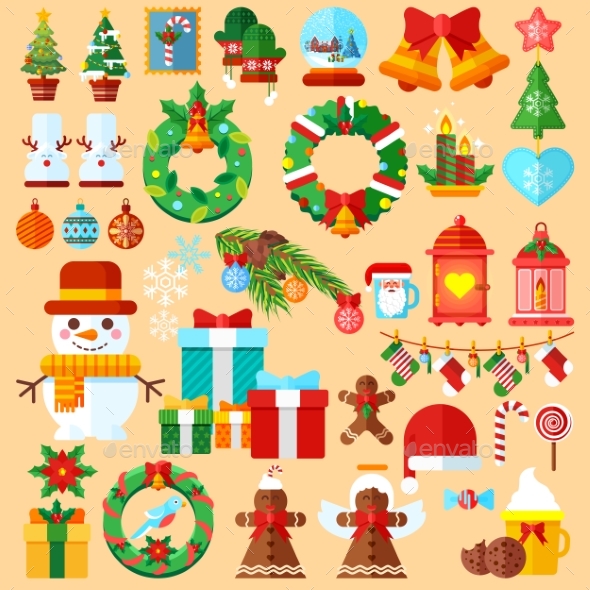 Set Christmas Accessories In a Flat Style - Christmas Seasons/Holidays