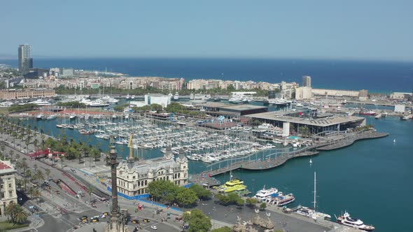 Drone Shot of Columbus Monument and Barcelona Port alt