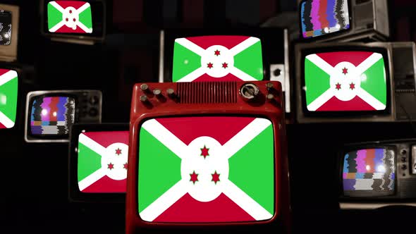 Flag of Burundi on Retro TVs. 4K.