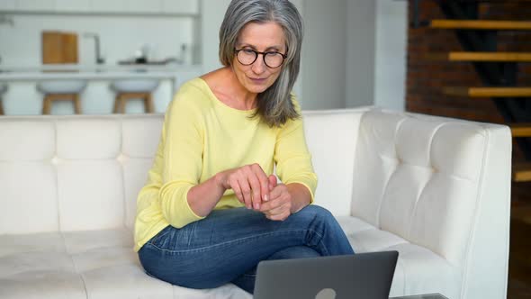 Optimistic Mature Middleaged Woman Spends Leisure Time at Home Using Laptop
