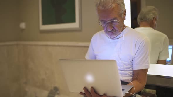Portrait of an Elderly Art Director with Glasses Looking at a Laptop Screen a Focused Man Surfs the alt