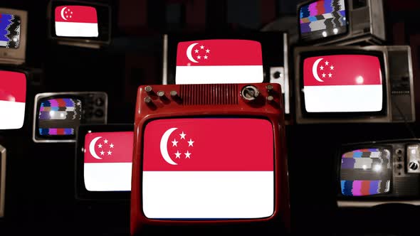 Flag of Singapore on Retro TVs. 4K.
