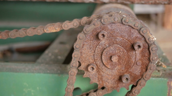 Vintage Tape Transport Mechanism. Rusty Gears And Chains. Abandoned Factory