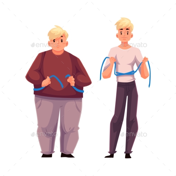 Two Men Fat and Athletic Measuring Waist - People Characters
