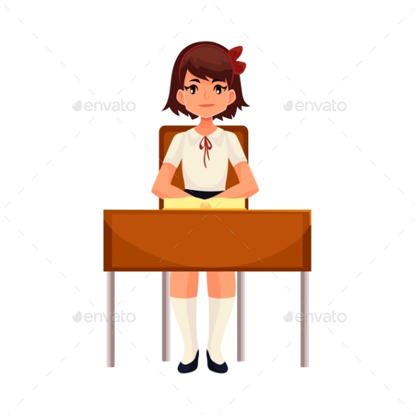 Clever School Girl Sitting at The Desk - People Characters
