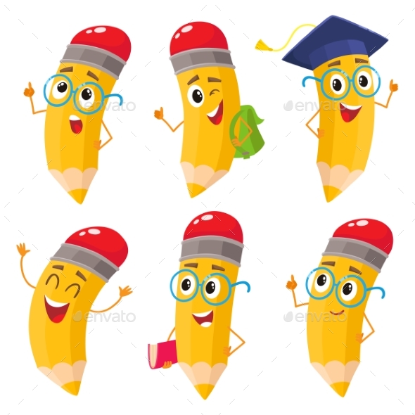 Set of Cartoon Pencils with Books and Backpack - Miscellaneous Characters