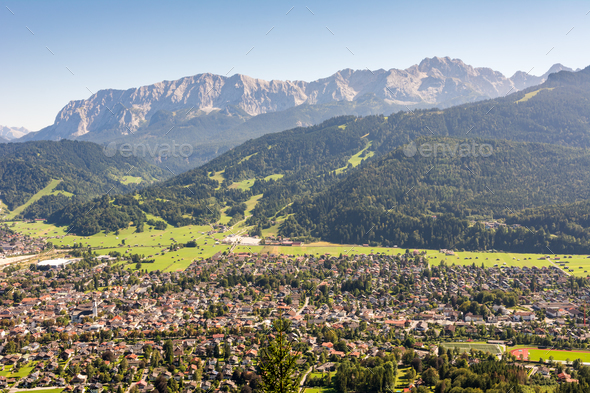Aerial view over Garmisch in the alps of Bavaria - Stock Photo - Images