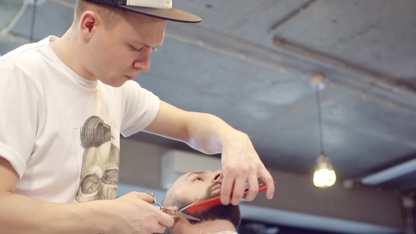 Male Businessman Makes The Cut Head And Beard In A Barber Shop For Men. alt