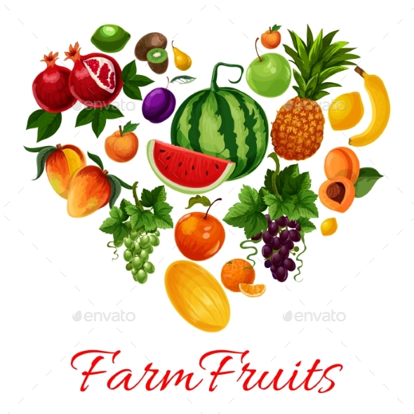Farm Fruits Icons in Heart Shape - Food Objects