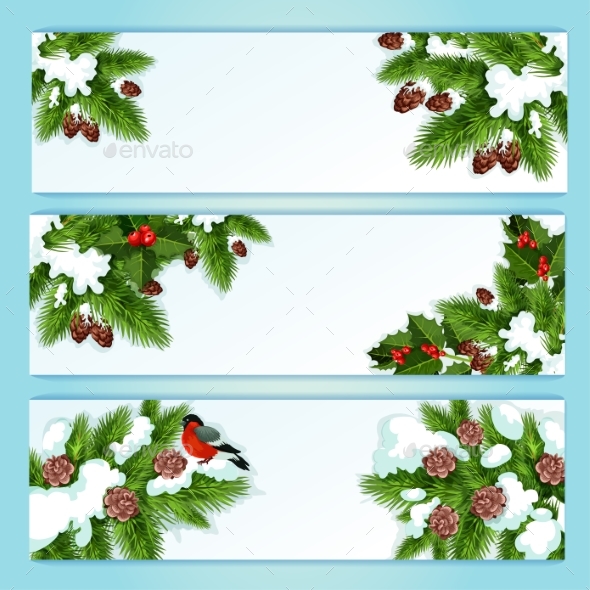 Christmas Banner with Holly Berry and Fir Branches - Christmas Seasons/Holidays