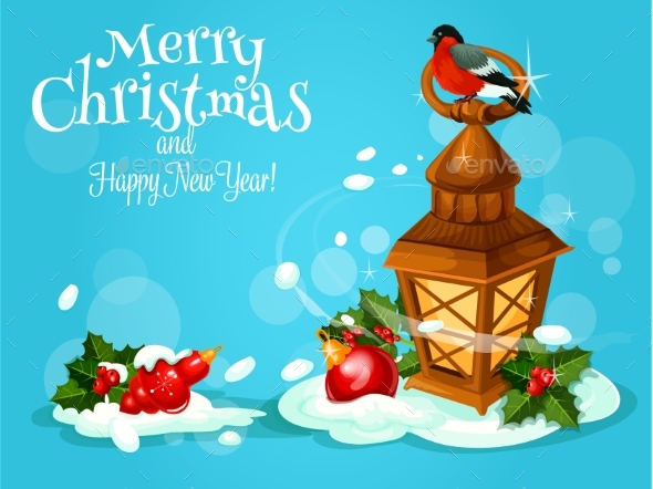 Christmas Lantern with Holly Berry and Bauble Card - Christmas Seasons/Holidays