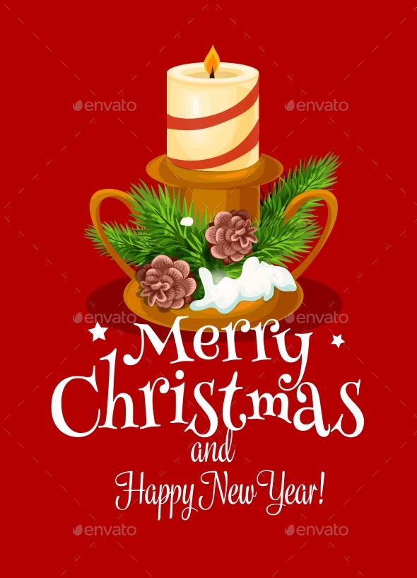 Christmas Holiday Card with Xmas Candle and Pine - Christmas Seasons/Holidays