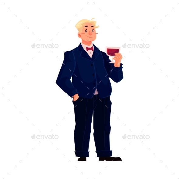 Happy Fat Man In Business Suit With Glass Of Wine - Concepts Business