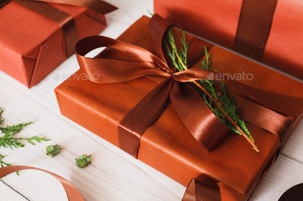 Christmas present boxes on white wood background - Stock Photo - Images