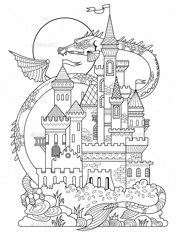 Castle And Dragon Coloring Book Vector - Backgrounds Decorative
