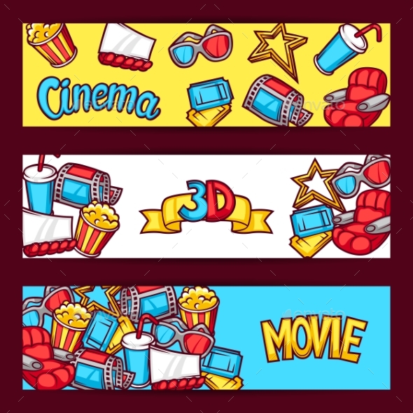 Cinema And 3d Movie Advertising Banners In Cartoon - Media Technology