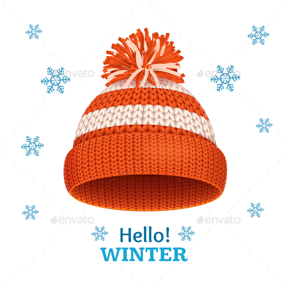 Knitted Woolen Red Hat for Winter Season Card. Vector - Seasons/Holidays Conceptual