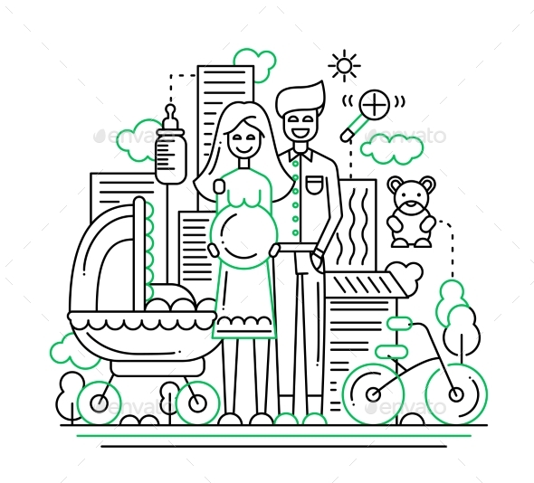Happy Family - Line Design Illustration - People Characters
