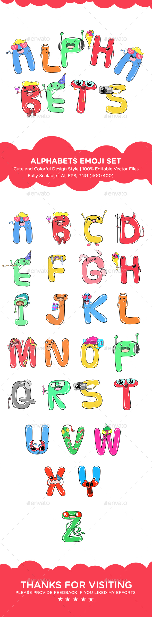 Cartoon Alphabet Emoji Set - Miscellaneous Characters