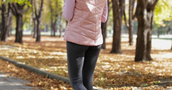 Woman Using Smart Cell Phone Texting Message Chatting Outdoor Walking, Curly Hair Girl Morning