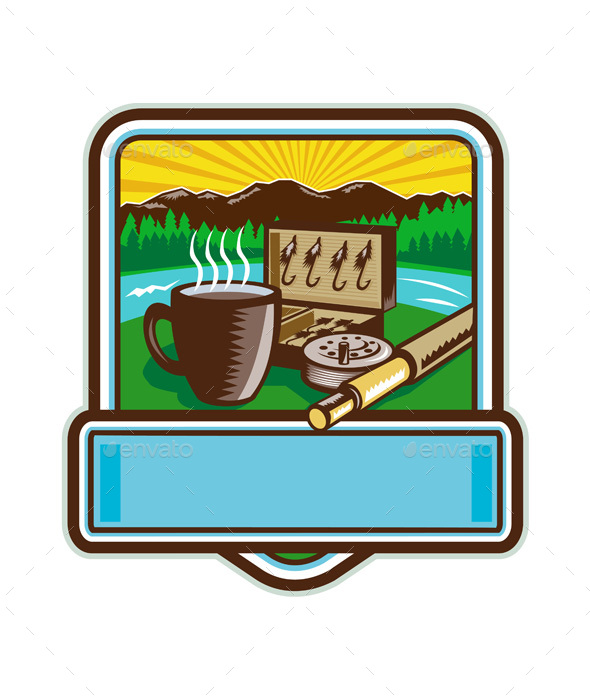 Fishing and Coffee Crest Woodcut - Sports/Activity Conceptual