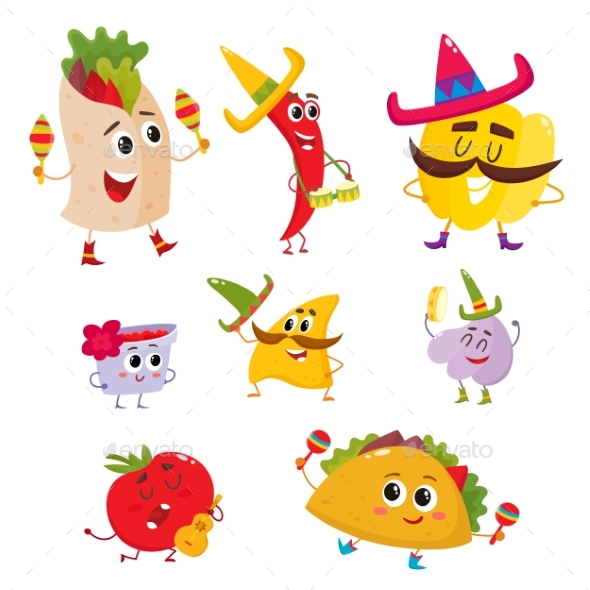 Set Of Smiling Mexican Food Playing Music - Food Objects
