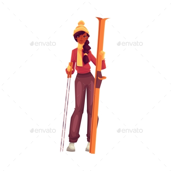 Young Black Woman With Ski And Poles - People Characters
