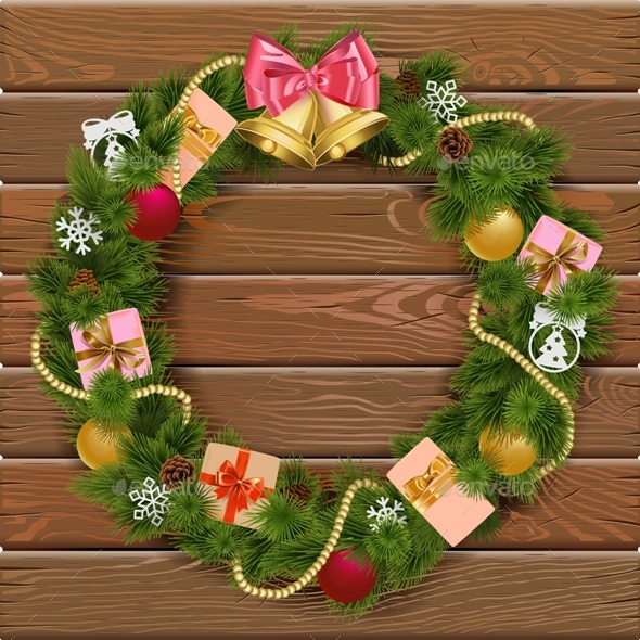 Vector Christmas Wreath on Wooden Board 8 - Christmas Seasons/Holidays