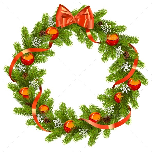 Vector Fir Wreath with Red Decorations - Christmas Seasons/Holidays