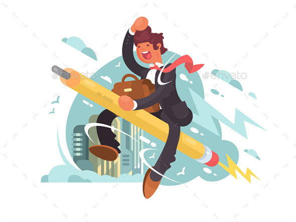 Businessman Flying on Pencil - People Characters