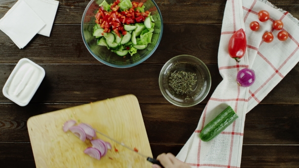 View Of Slices Of Onion Adding To a Salad alt
